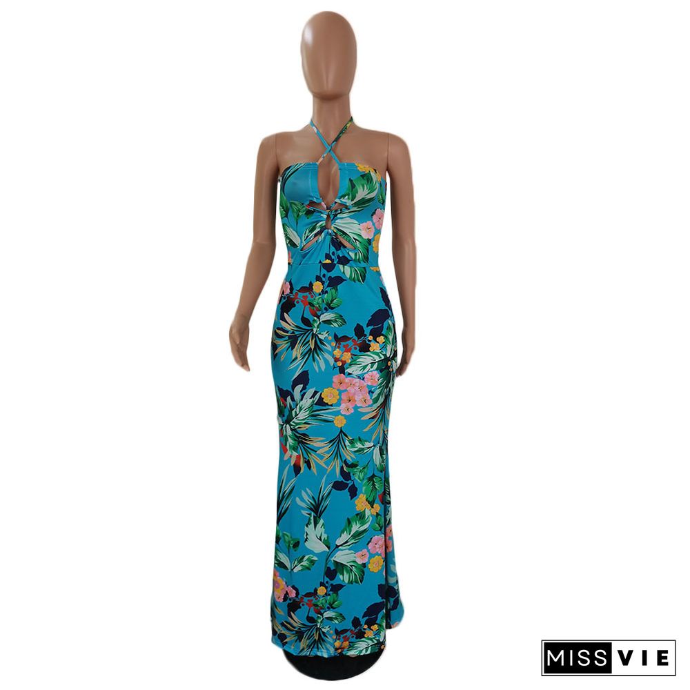 Elegant Summer Clothing Floral Print Sleeveless Halter Backless Bodycon Beach Party Maxi Dresses