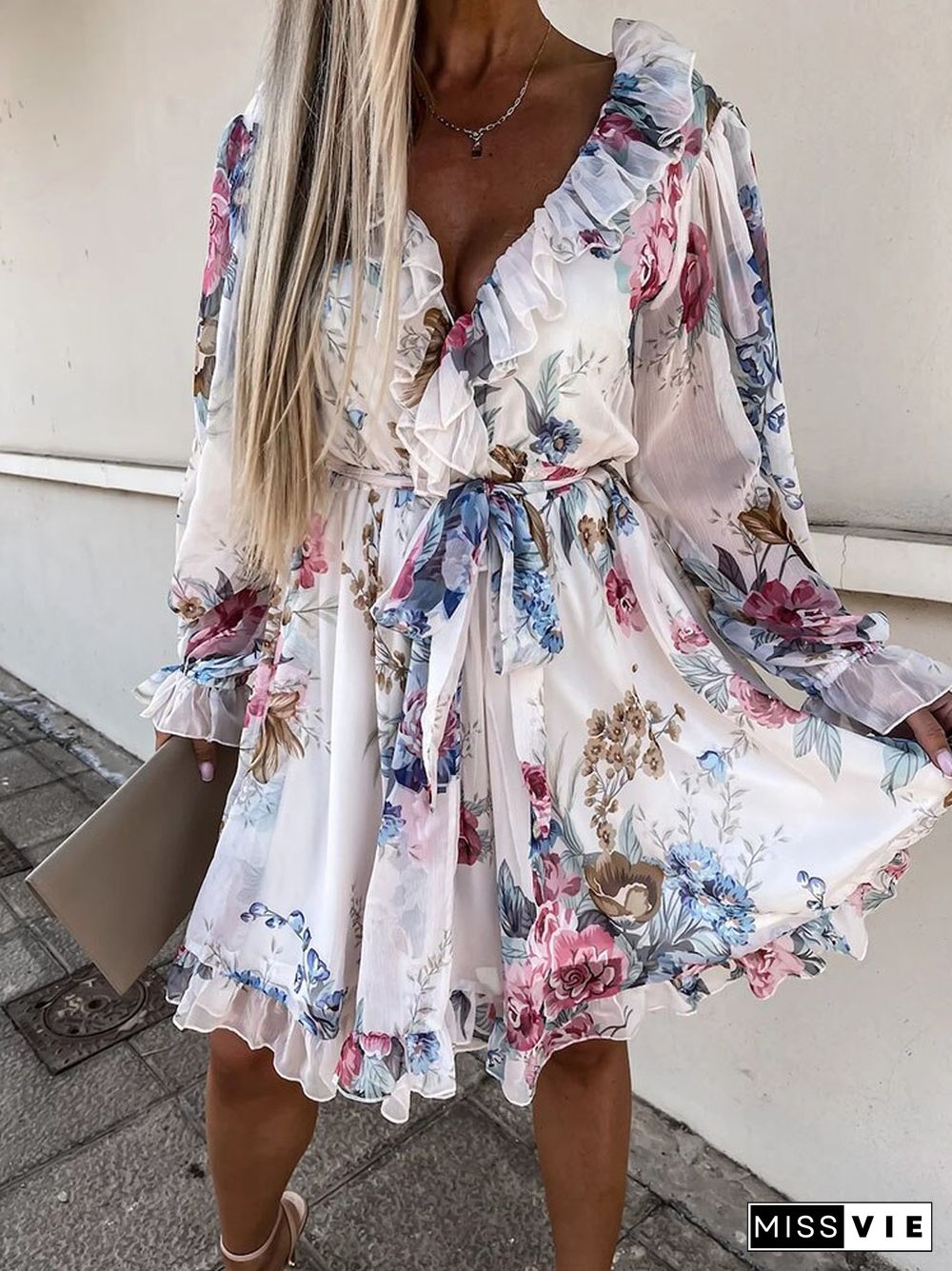 Sexy Backless Double V Neck Ruffle Party Dress Fashion Boho Floral Print Chiffon Beach Dress Elegant Women Tie Pleat Mini Dress