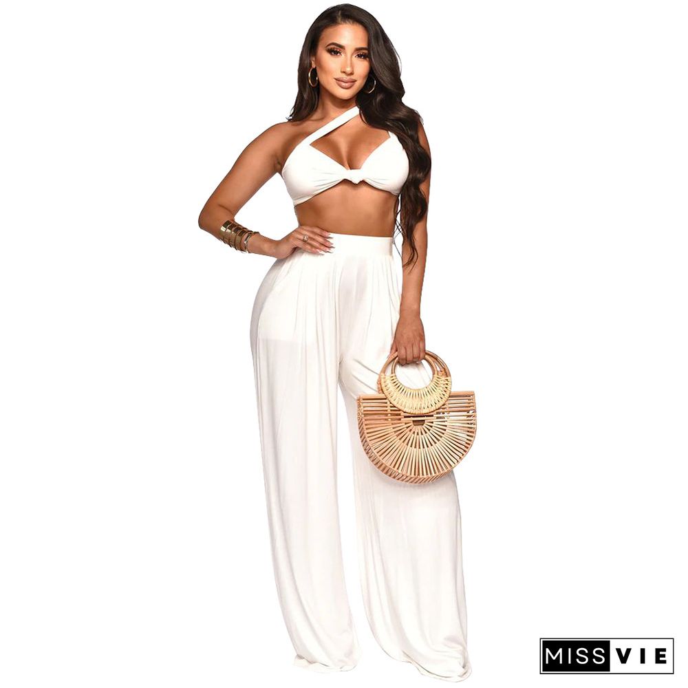 Skew Collar Crop Top Wide Leg Pants Two Piece Set