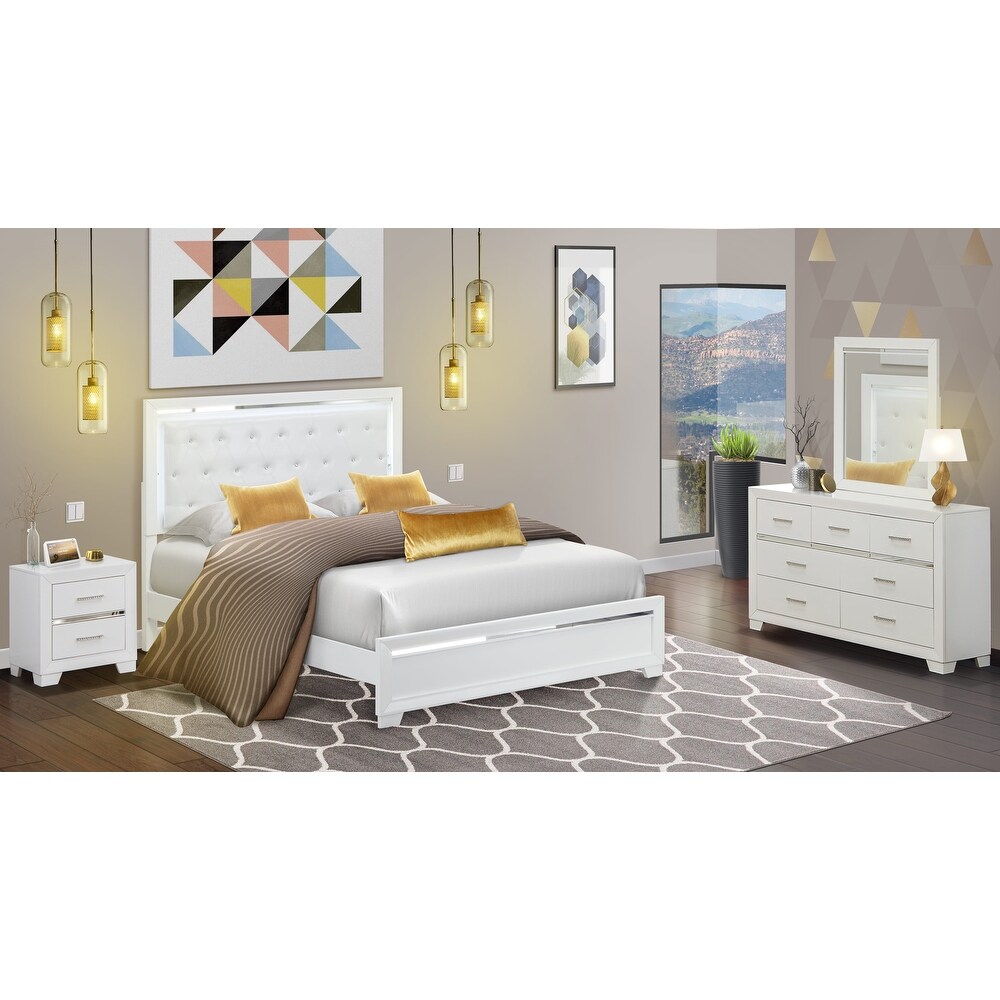 East West Furniture Pandora Wooden queen bedroom set with a queen bed frames White Finish(Pieces Option)