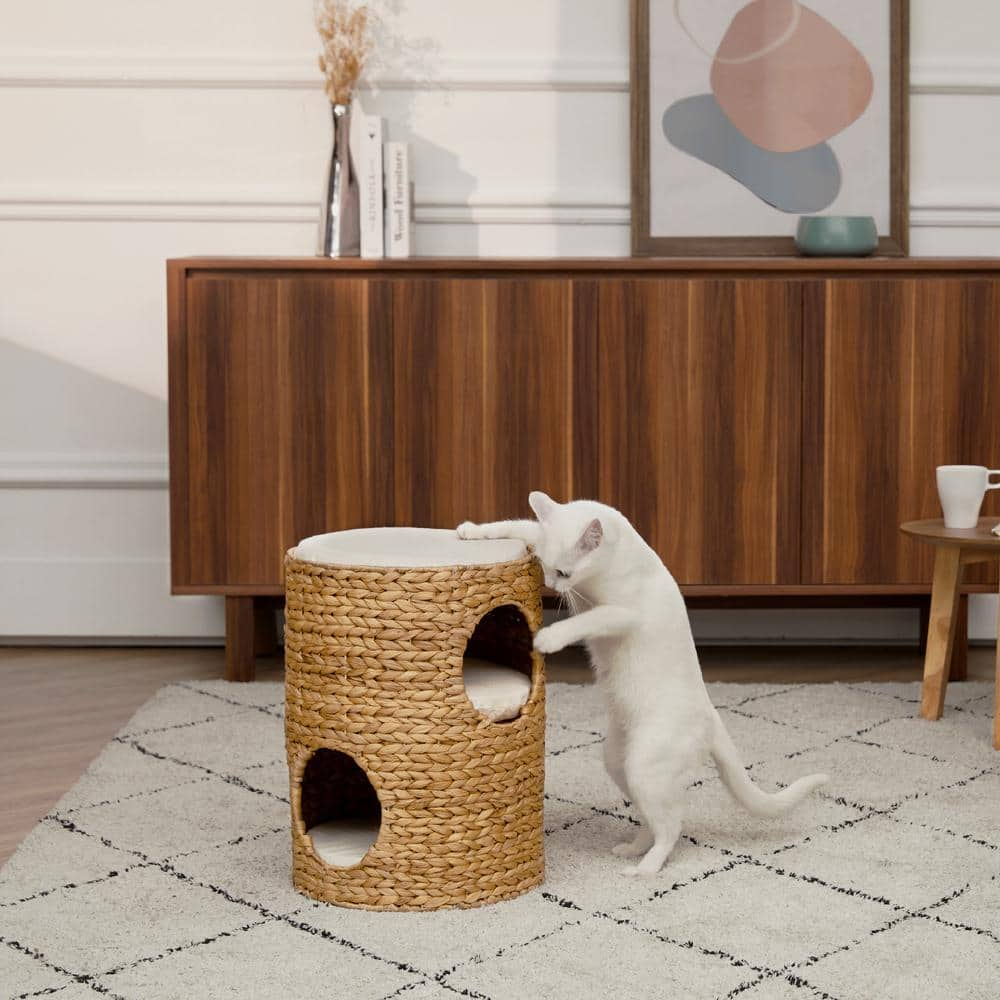 TEAMSON PETS Medium Size New Woven Rattan Natural Weaving 3-Tier Pet Bed Condo with Cushions for Cat, Washable ST-N10001