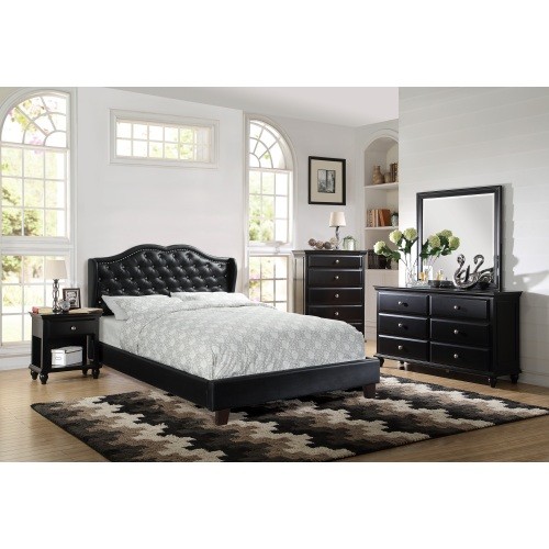 Queen Size Bed 1pc Bed Set Black Faux Leather Upho...