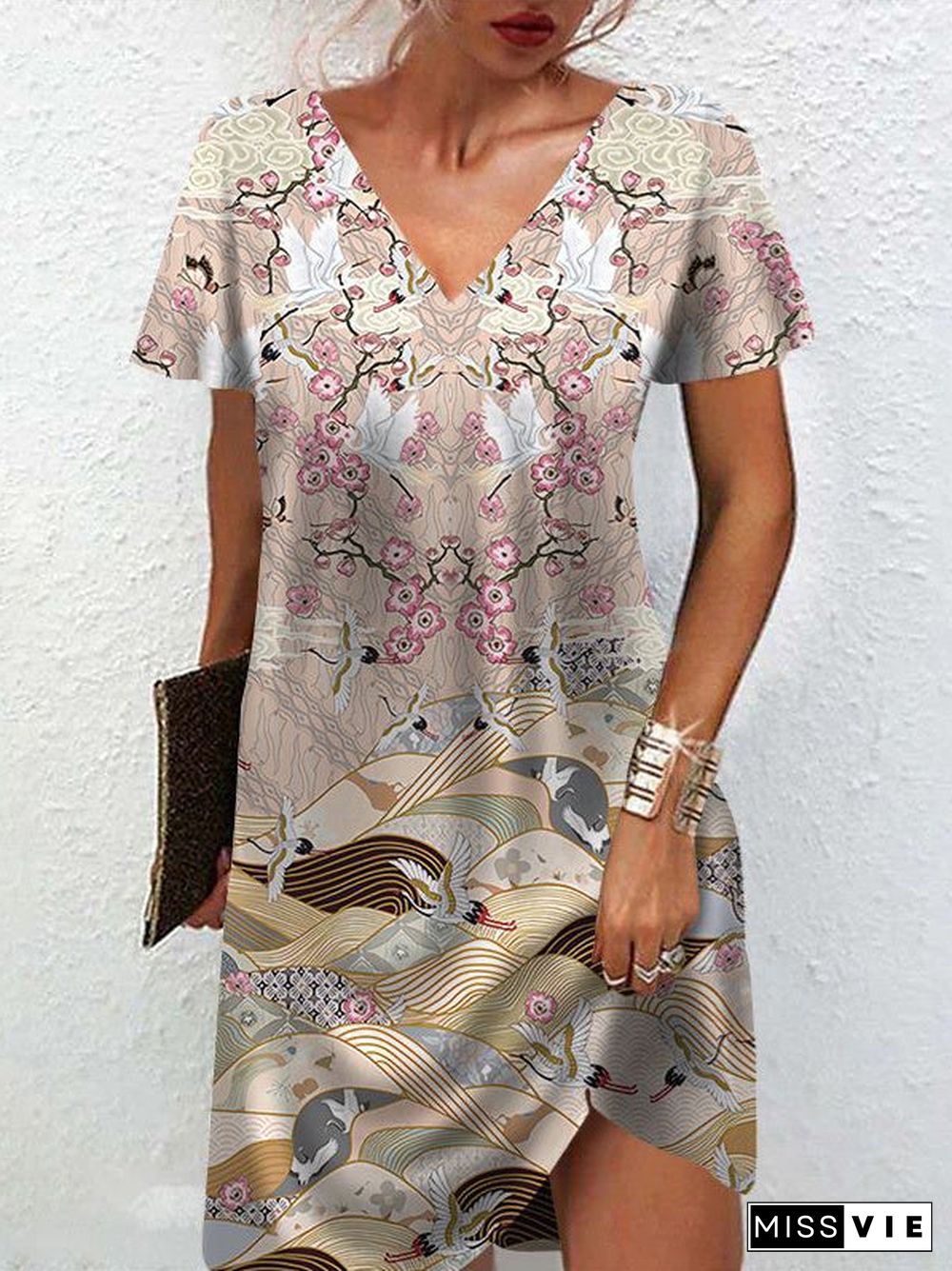 Women's Summer Short Sleeve V Neck Floral Print Casual Dress