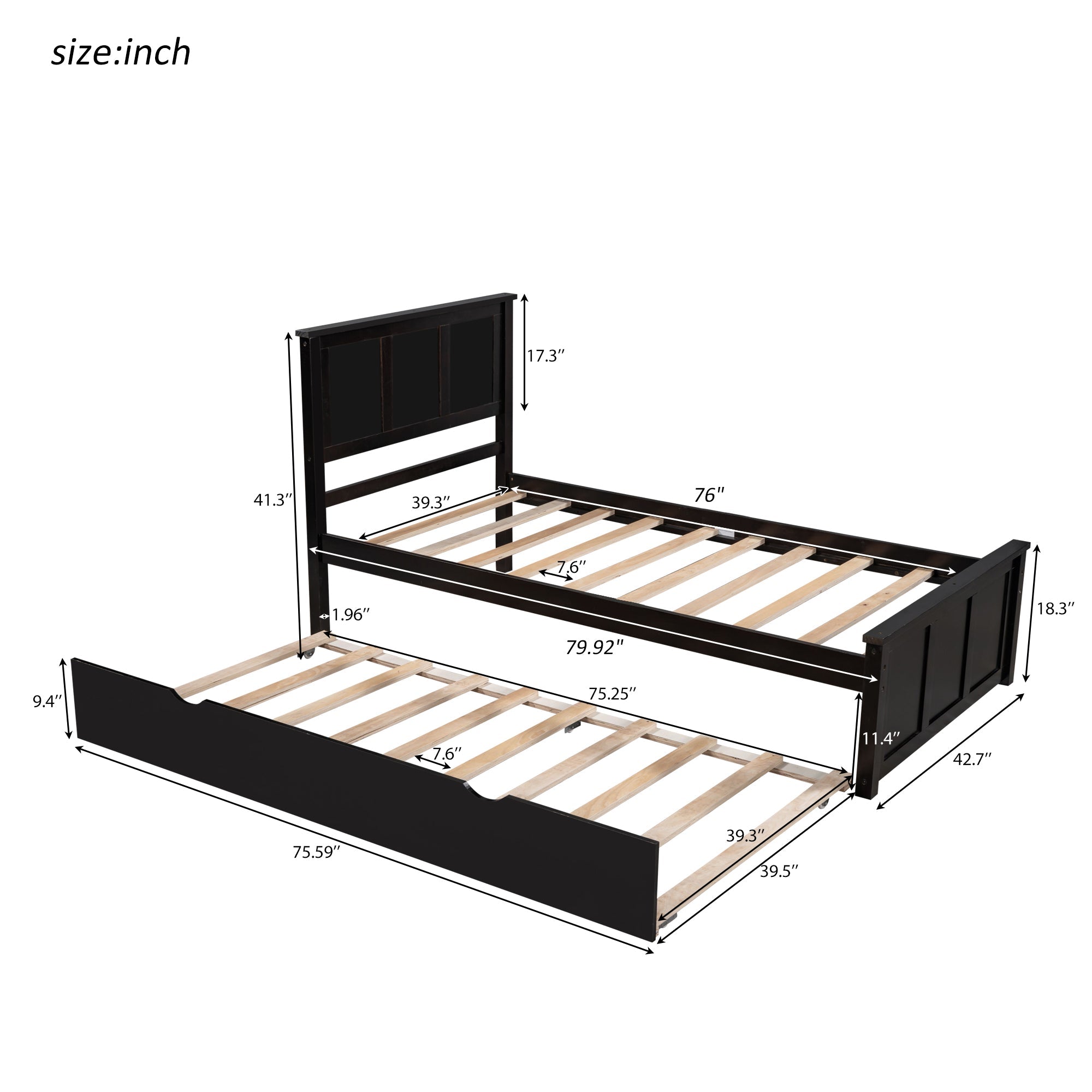 Euroco Wood Twin Platform Bed with Headboard & Trundle for Child, Espresso