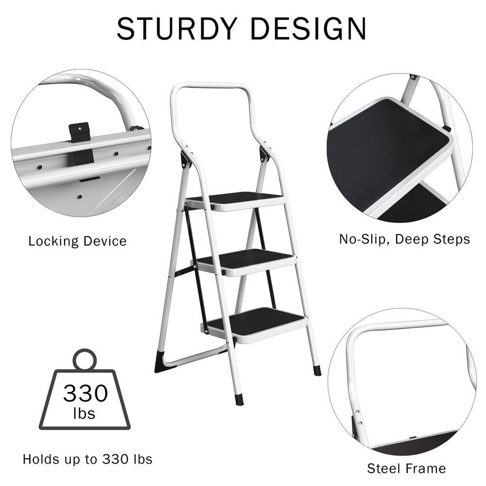 Stalwart 3-Step Stool - Folding Ladder with Steel Frame – 6 ft. Reach -330 lbs. Weight Capacity by Stalwart (White) 75-0001-S-STEP3