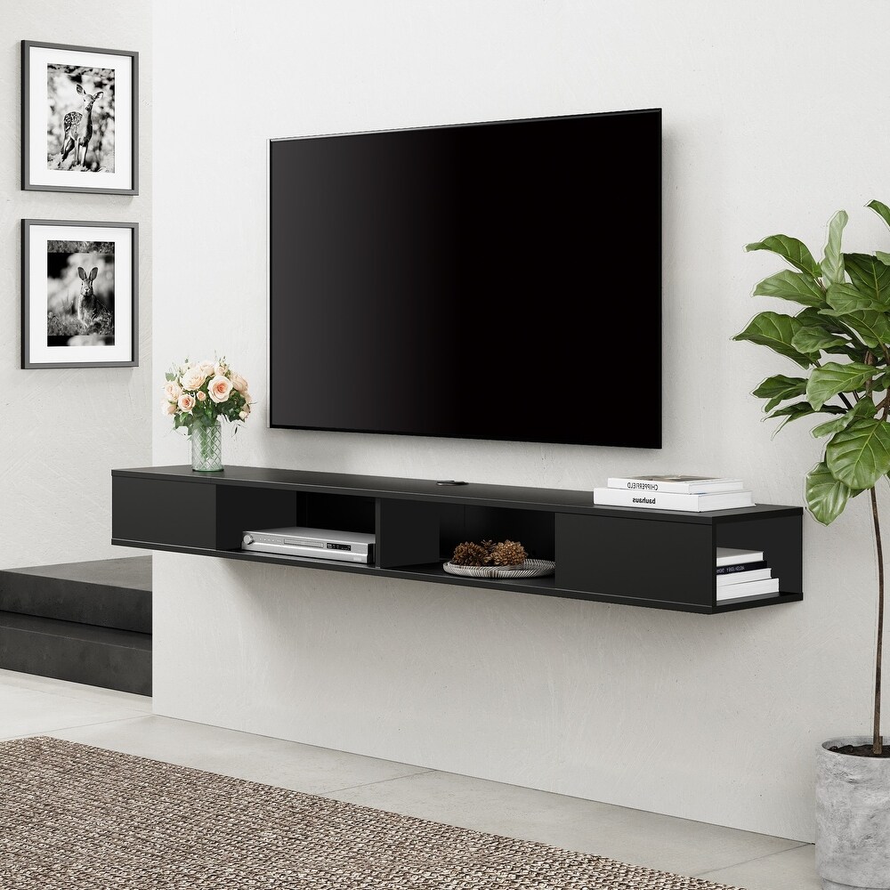 70 inch Floating TV Stand with LED Lights for Storage  Black