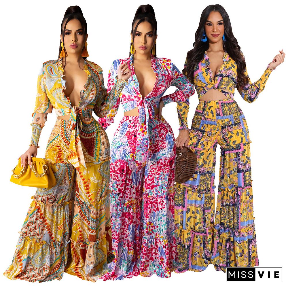 Fashion Bohemian Floral Print Tie Up Women Long Sleeve Lace Up Crop Top Wide Leg Pants 2 Pieces Sets