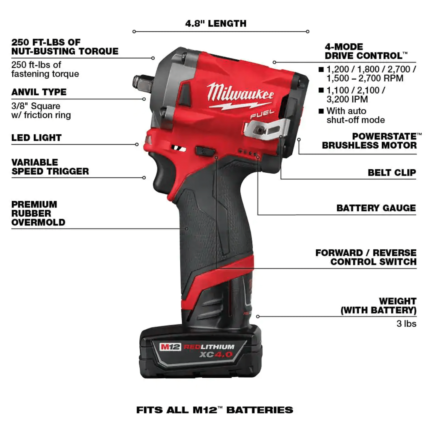 Milwaukee M12 Fuel 12-Volt Lithium-Ion Brushless Cordless Stubby 3/8 in. Impact Wrench Kit with One 4.0 and One 2.0Ah Batteries (2554-22)