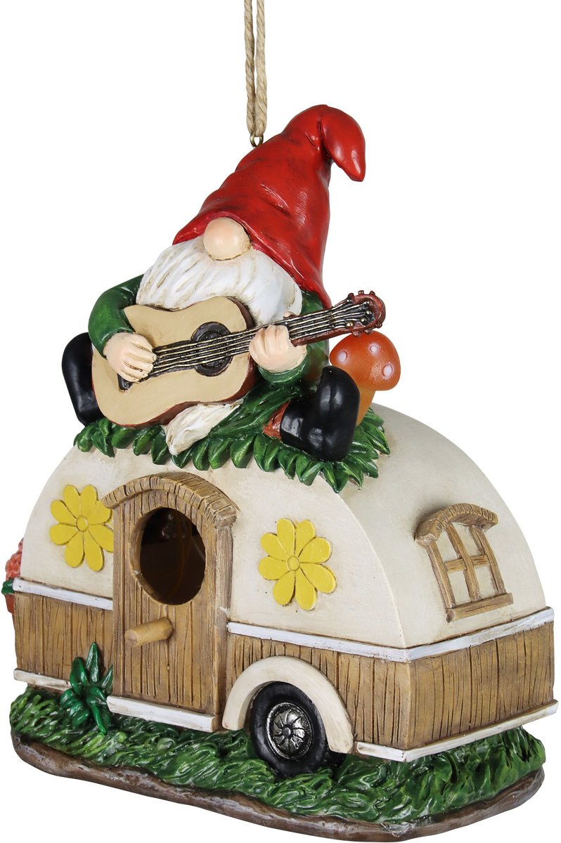 Exhart Solar Guitar Gnome on a Camper Hanging Bird House