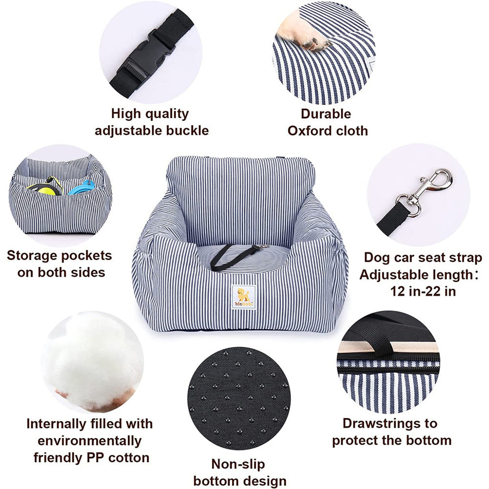 Car seat for medium dogs or cats， dog booster seat with storage pocket and clip-on safety leash， removable and washable cover， dual purpose dog bed for car and home.