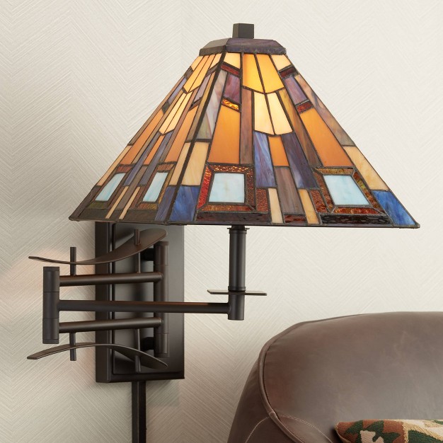 Robert Louis  Vintage Swing Arm Wall Lamp Plug in Light Fixture Jewel Tone Stained Art Glass For Bedroom Bedside Living Room Reading Home House