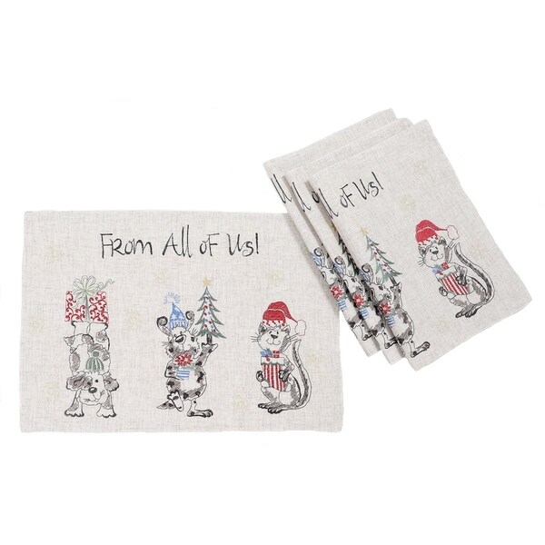 Animal's Fun Holiday Party Embroidered Placemats 14x20，Set of 4