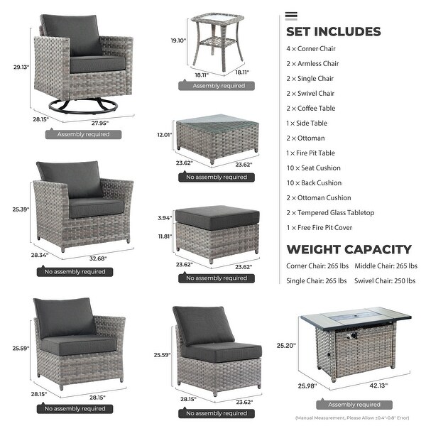 HOOOWOOO 16piece Outdoor Patio Grey Wicker Rattan Furniture Sectional Set with Fire Pit Table