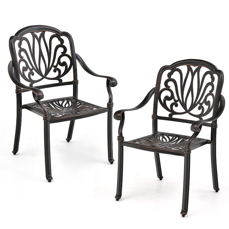 2 Pieces Patio Cast Aluminum Dining Chairs With Armrests-Bronze