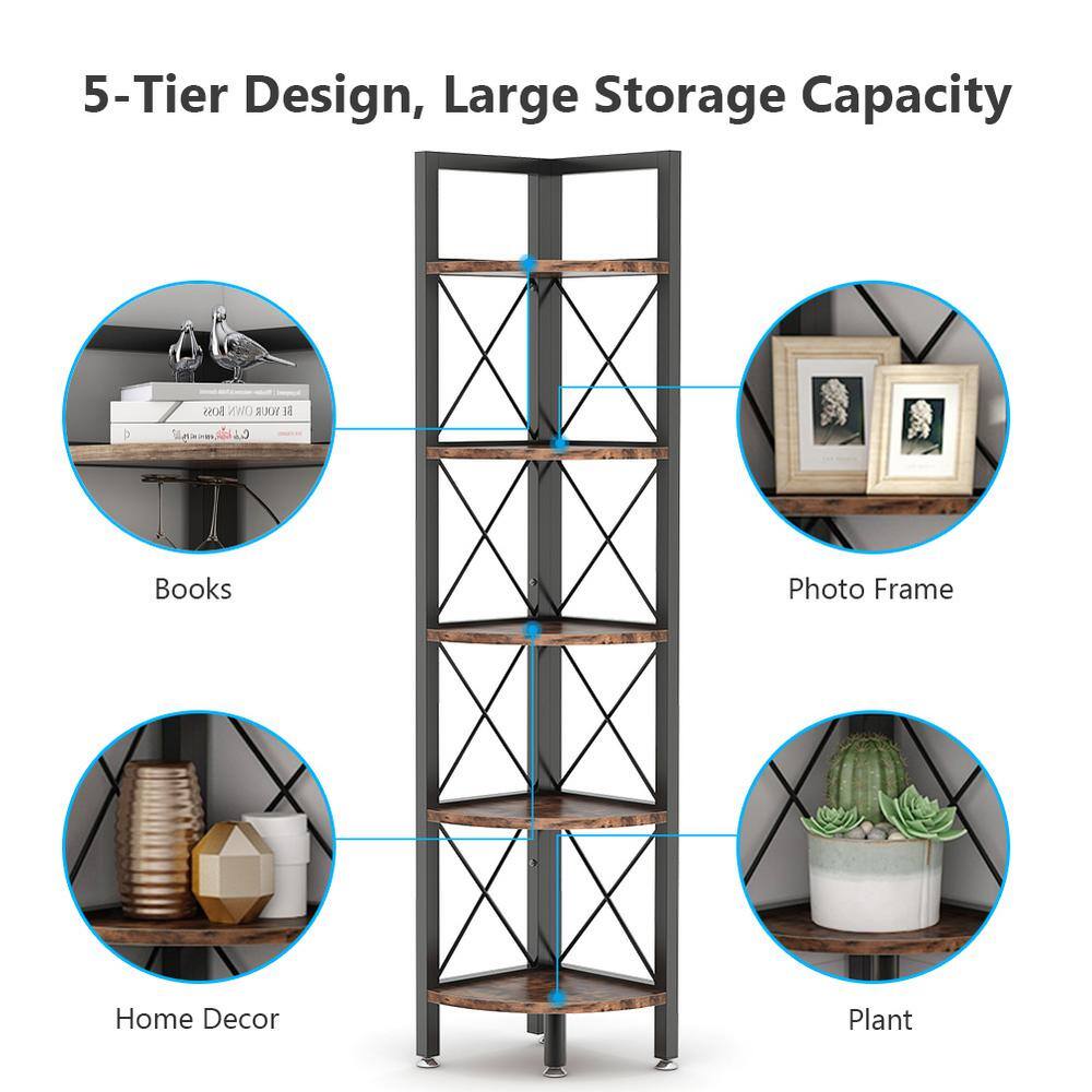 TRIBESIGNS WAY TO ORIGIN Halsey 63 in. Rustic Brown Wood and Black Metal Frame 5-Shelf Radial Corner Shelf Bookcase Storage Rack Plant Stand HD-SFC0200