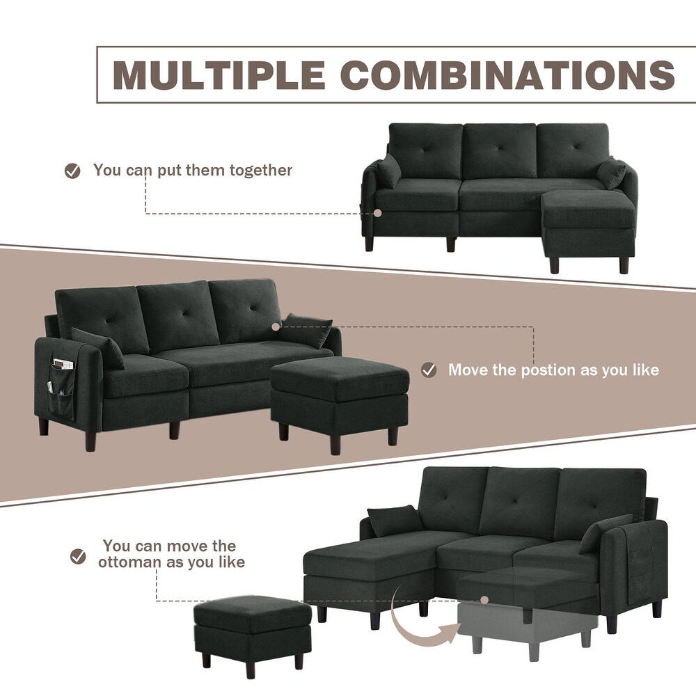 77.36 Inches Modern Sectional Sofa with Reversible Ottoman and Side Storage Pocket