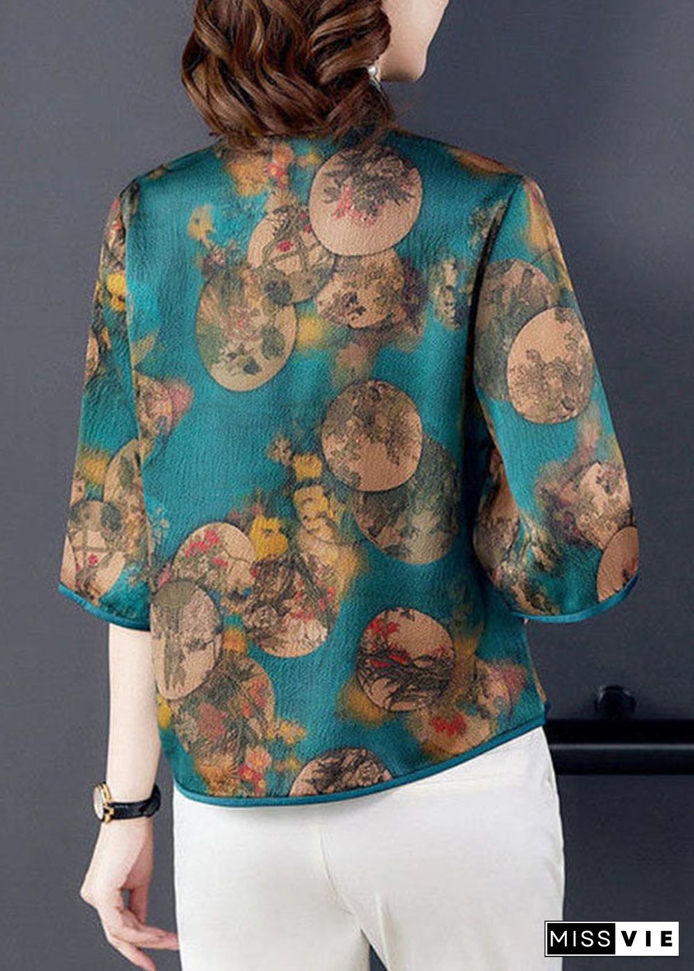 Italian Green Stand Collar Print Silk Blouse Tops Half Sleeve