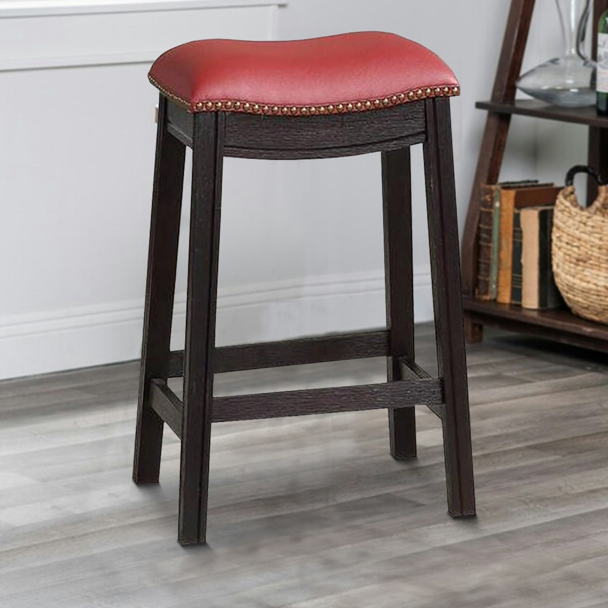 24 Inch Padded Counter Stool with Nailhead Trim， Set of 2， Brown and Red