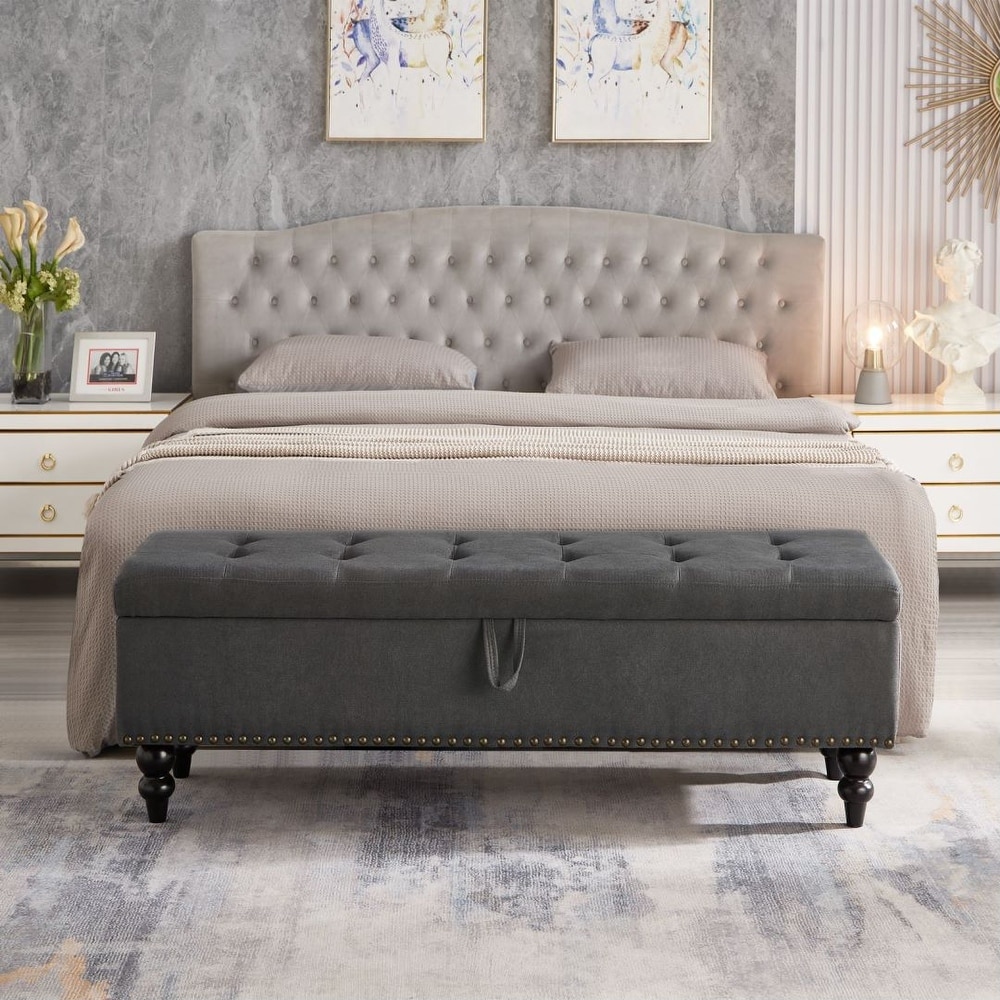 Bed Bench with Storage Grey Fabric