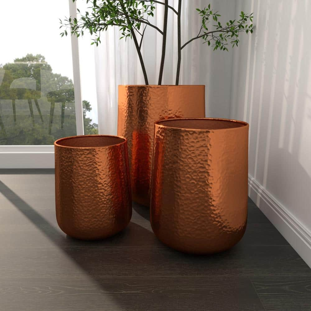 Litton Lane 13in. Medium Copper Aluminum Indoor Outdoor Planter with Hammered Details (3- Pack) 49684