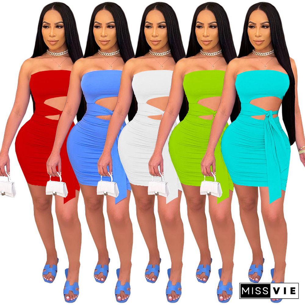 Women Solid Color Club Strapless Hollow Out Bandage Bodycon Mini Dress