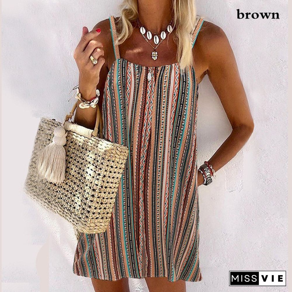 Summer Clothes Women's Fashion Plus Size Loose Casual Stripe Sleeveless Summer Dress Sling Dress Strap Dress Mini Dress