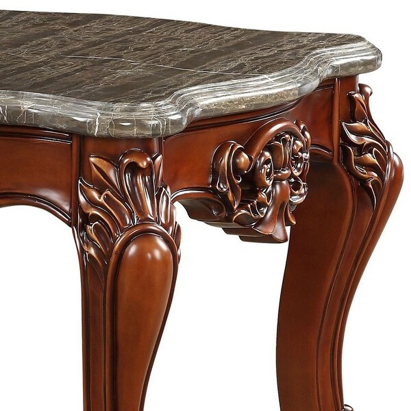 30 Inch Classic Square Marble Top End Table， Cabriole Legs， Gray， Brown