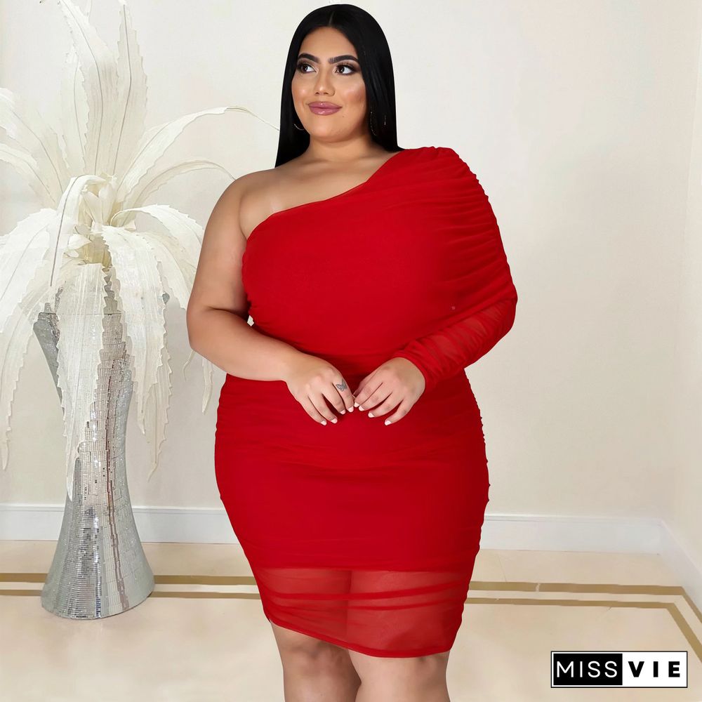 Plus Size Mesh Solid Single Sleeve Bodycon Dress