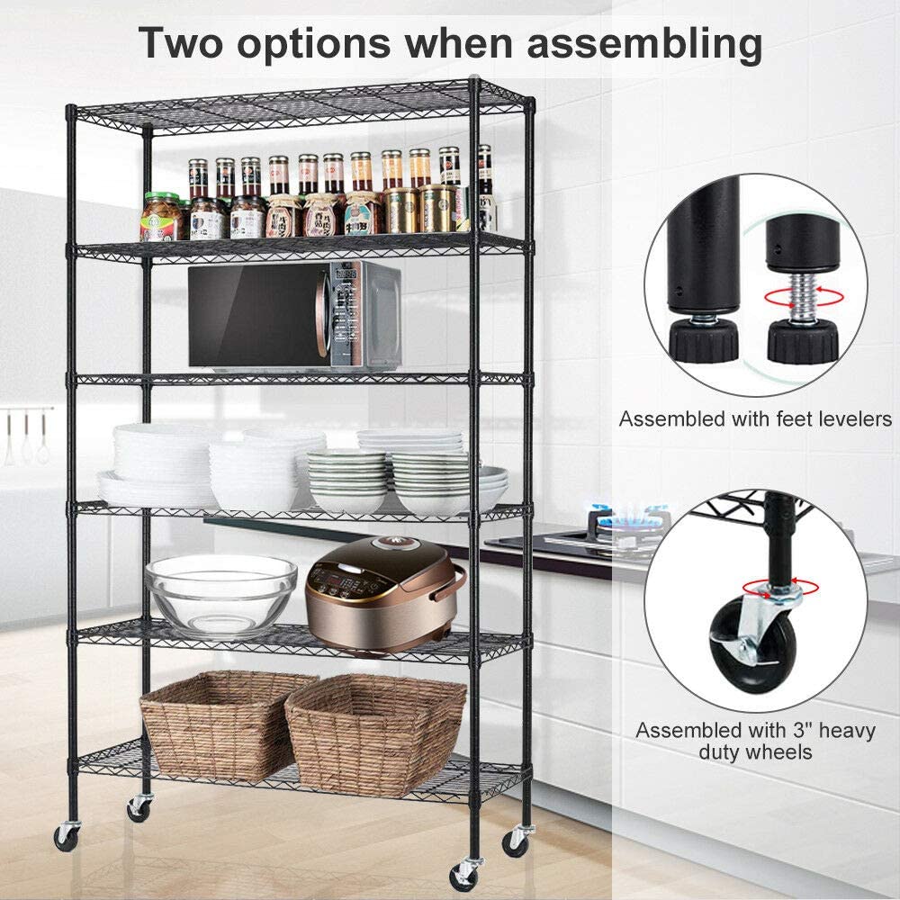 Dkelincs Storage Shelves 6 Tier  Wire Shelving Unit with Wheels Heavy Duty NSF Garage Shelves Adjustable Metal Shelves 2100 LBS Weight Capacity, Black