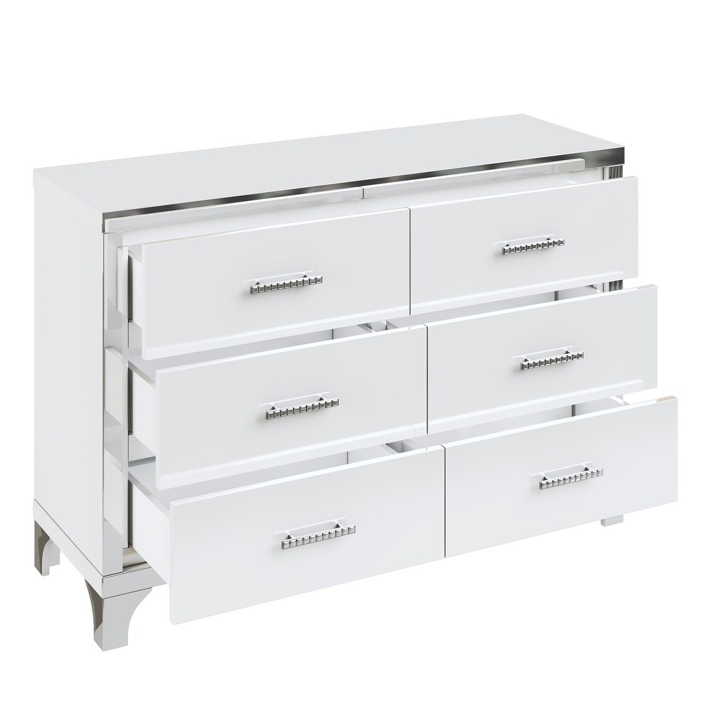 High Gloss Dresser with Metal Handle  Mirrored Storage Cabinet with 6 Drawers for Bedroom  Living Room