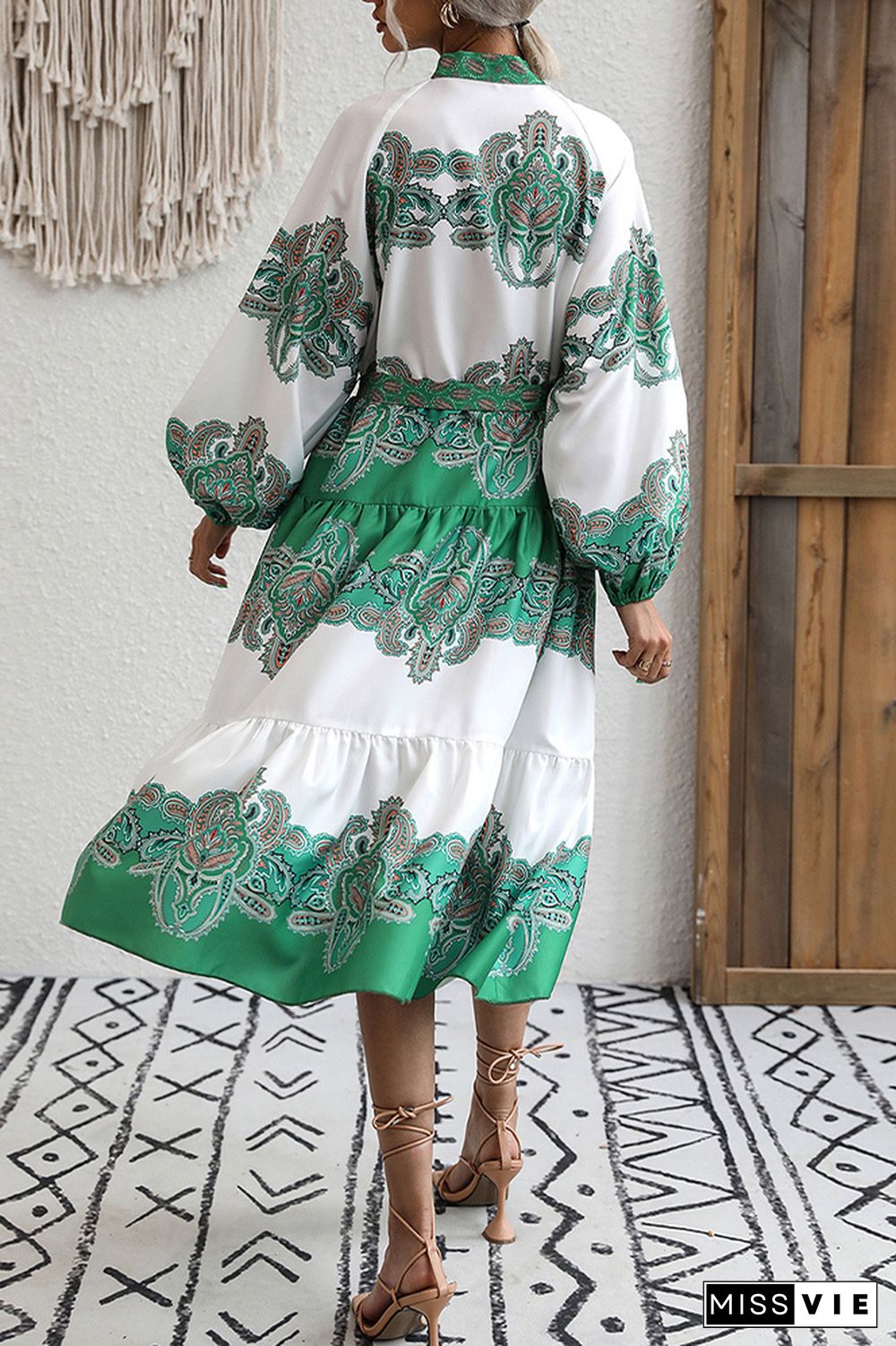 Puffy Sleeves Tiered Printed Long Sleeves Dress