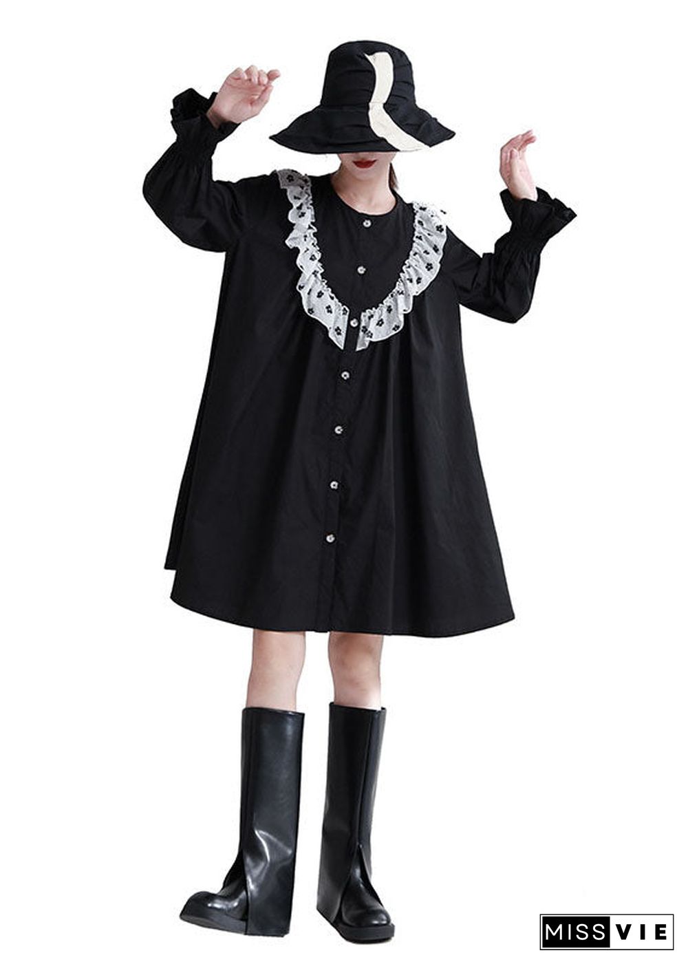 Italian Black Ruffled Patchwork Cotton Shirt Dresses Fall