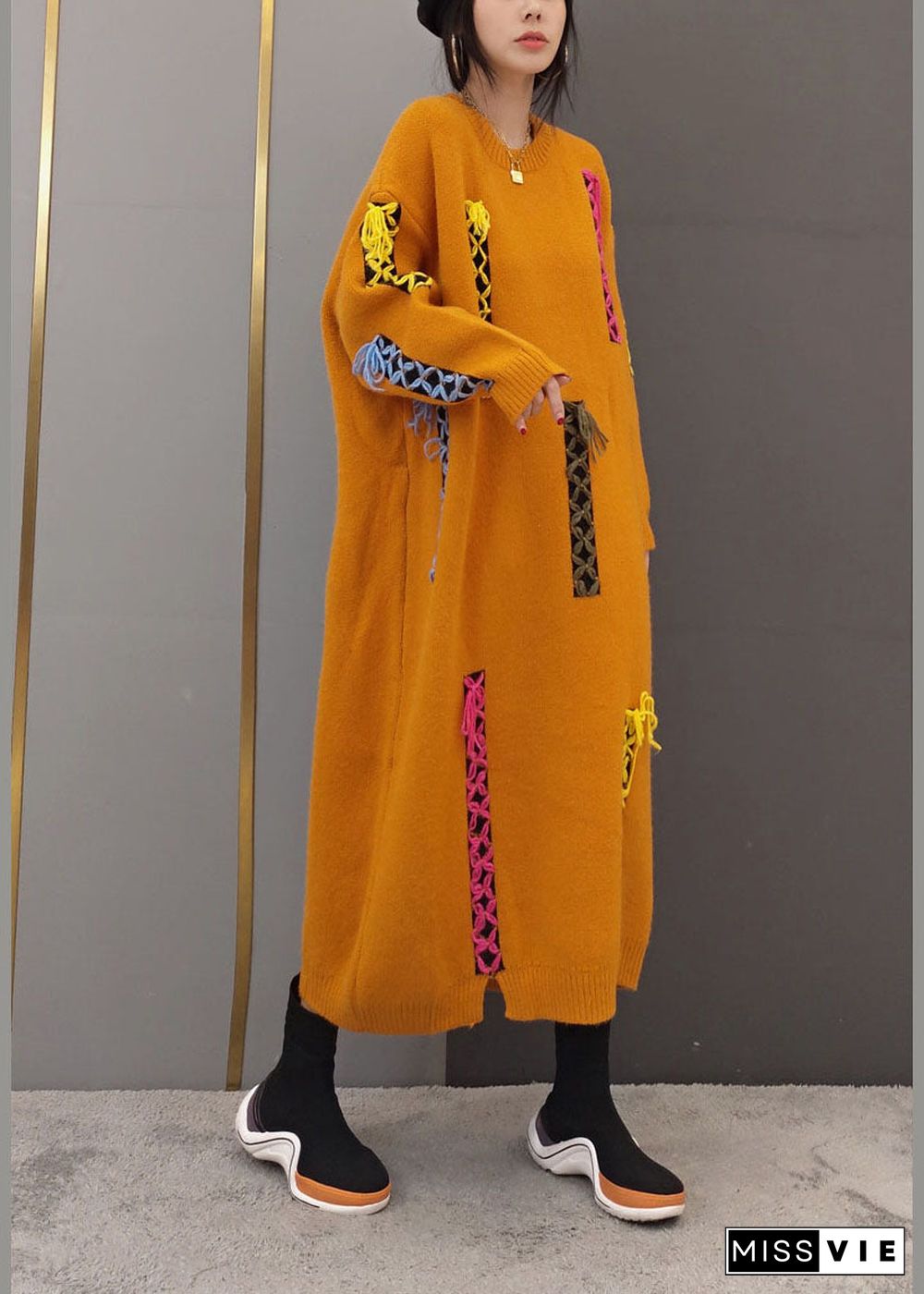 Women Yellow O-Neck Patchwork Knit long Dresses Long Sleeve