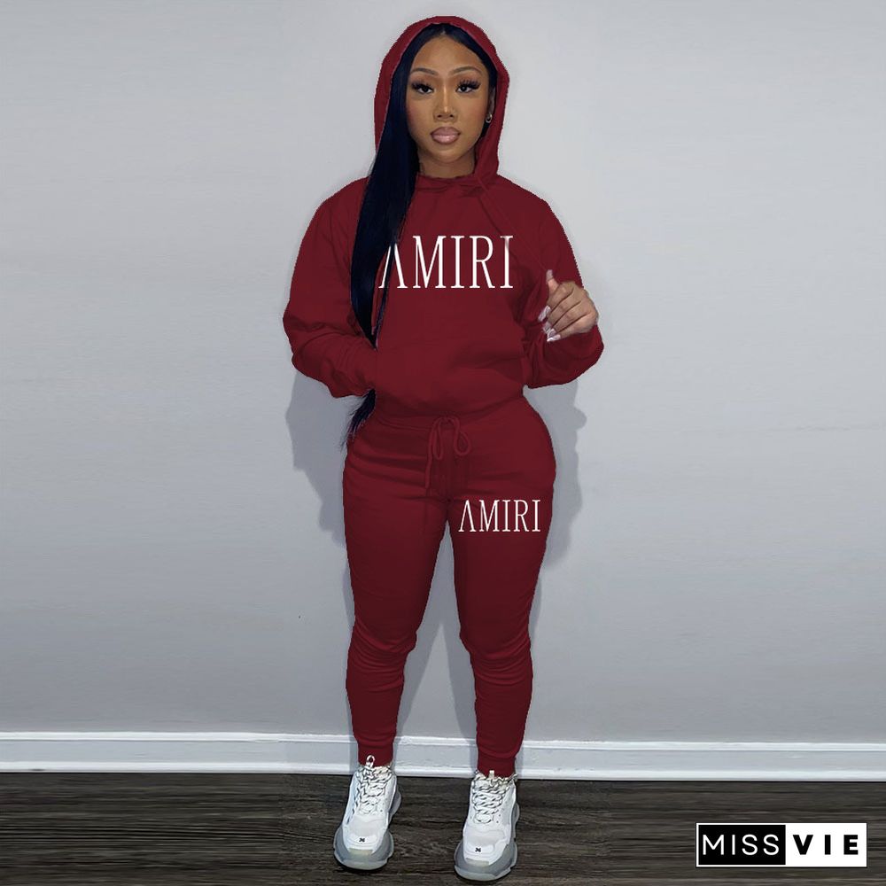 Winter Letter Printed Hoodies Sweatpants 2 Pcs Sets