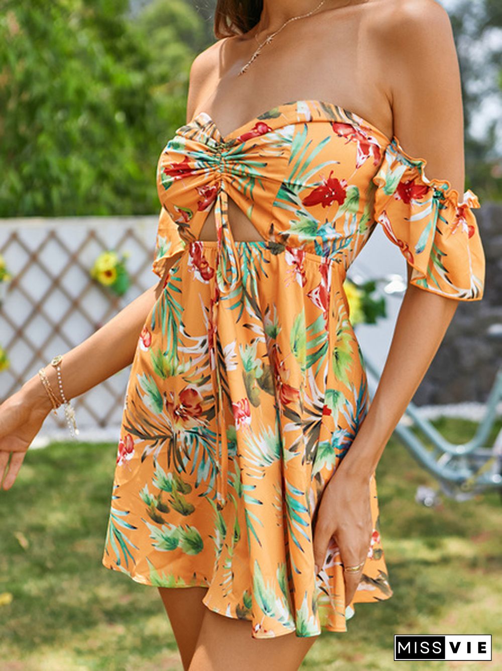 Tropical Floral Print Drawstring Peekaboo Bardot Beach Hot Dress