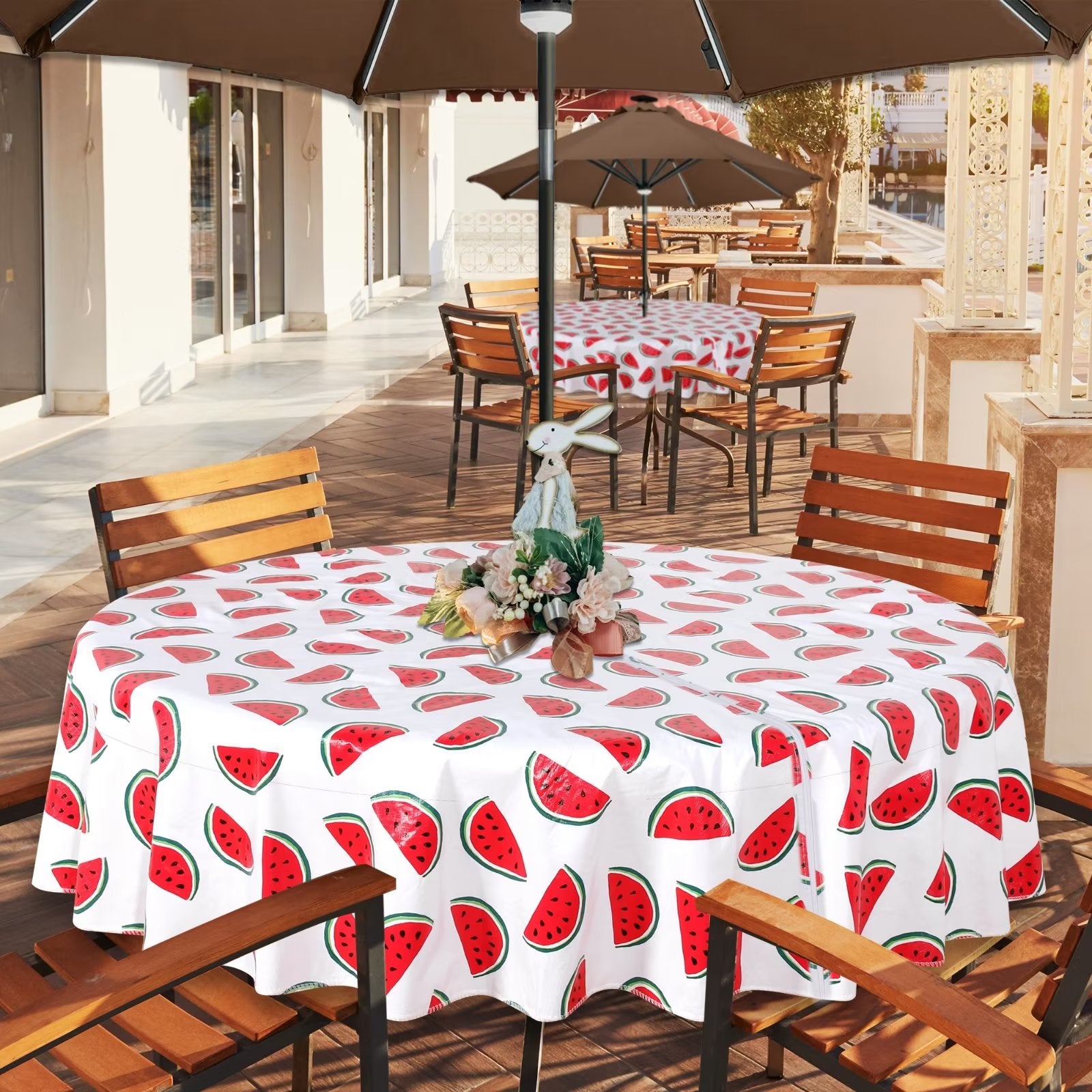 LUSHVIDA Round Outdoor Tablecloth with Umbrella Hole and Zipper- 60Inch Watermelon Waterproof Table Cloth Wipe Clean Vinyl Patio Tablecloths for Spring/Summer Picnic, BBQ, Camping, Garden