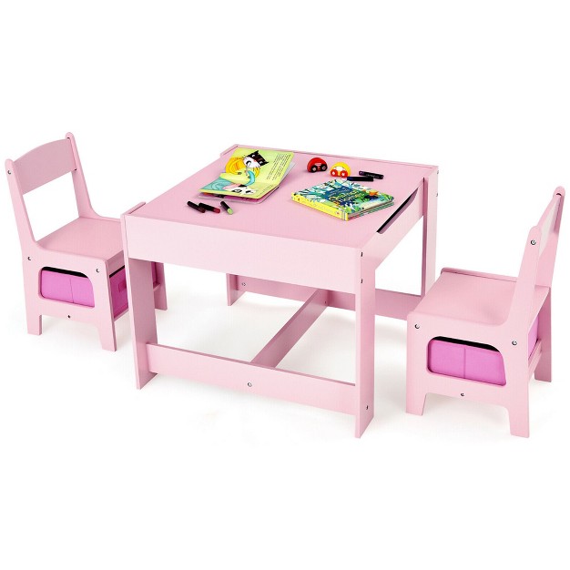 Costway 3 In 1 Wood Activity Table Chair Set W storage Box Pink