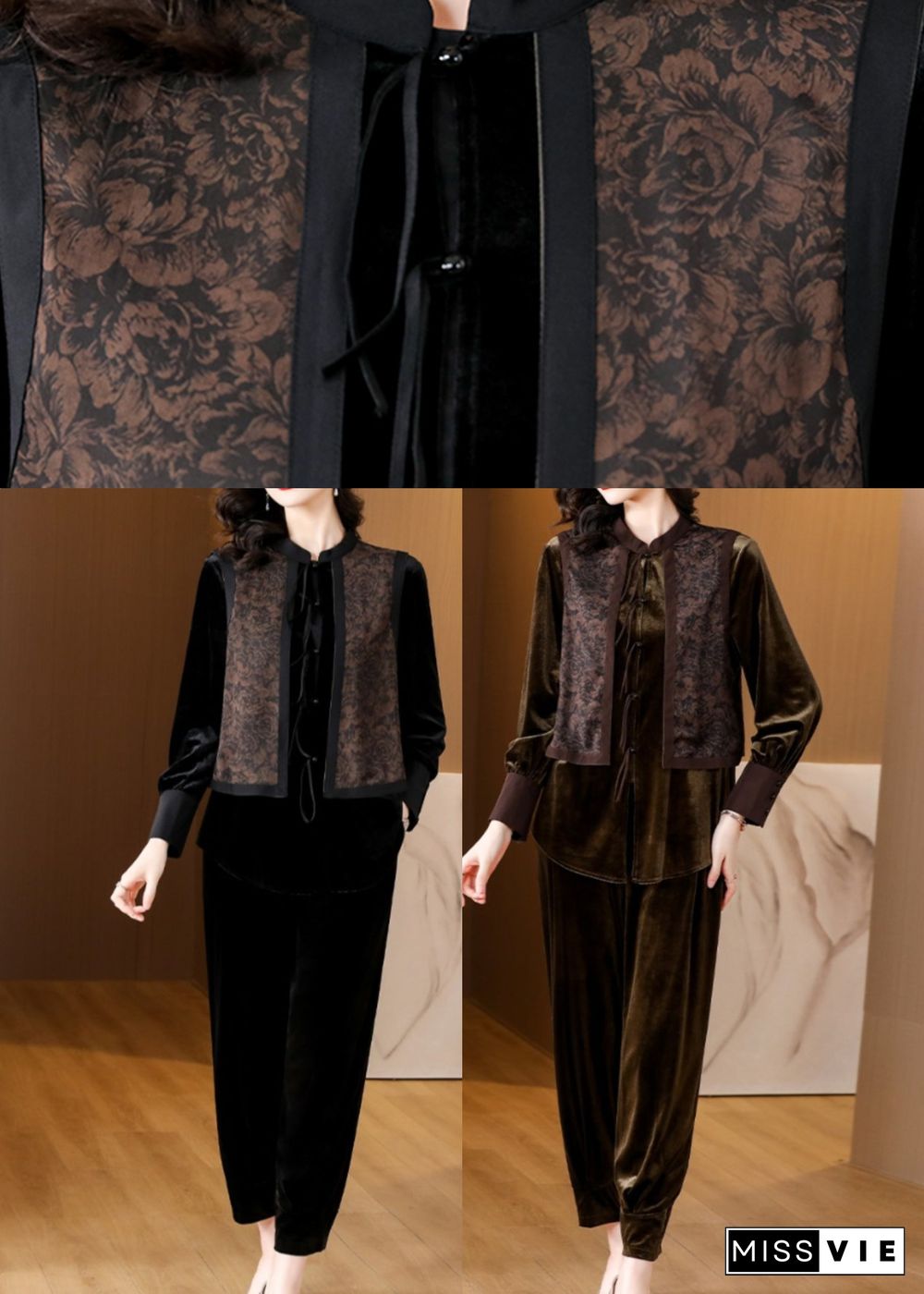 Black O-Neck Print Silk Velour Shirts And Harem Pants Two Pieces Set Fall