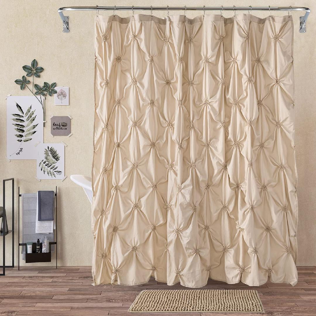 2 Pcs Shower Curtain Sets with Rugs - Pinched Pleat Farmhouse Shower Curtain Elegant Shabby Chic Decor for Bathroom Beige Standard 72