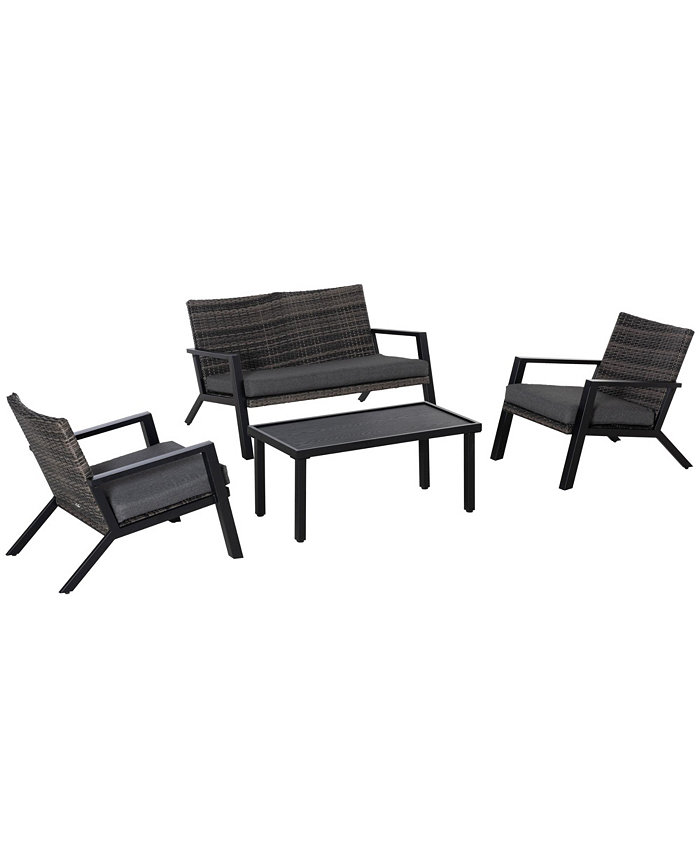 Outsunny 4pcs Outdoor Patio Furniture Set 2 Plastic Rattan Chairs 1 PE Wicker Loveseat Sofa 1 Center Coffee Table Soft Cushions for Backyard Garden Black