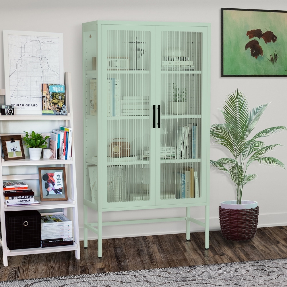 Double Glass Door Storage Cabinet with Adjustable Shelves and Feet Cold Rolled Steel Sideboard Furniture