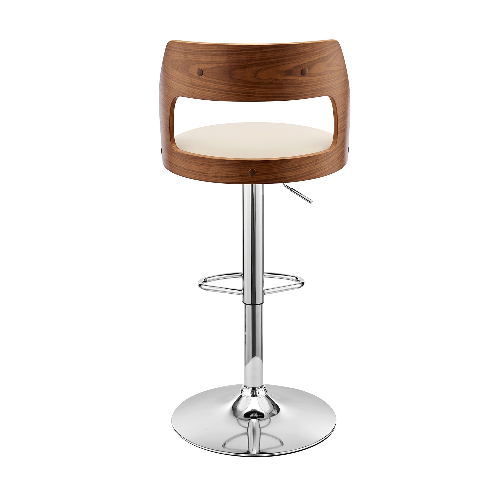 Itzan Adjustable Swivel Cream Faux Leather and Walnut Wood Bar Stool with Chrome Base