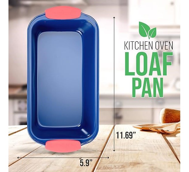 Nutrichef Non stick Loaf Pan Deluxe Nonstick Blue Coating Inside And Outside With Red Silicone Handles