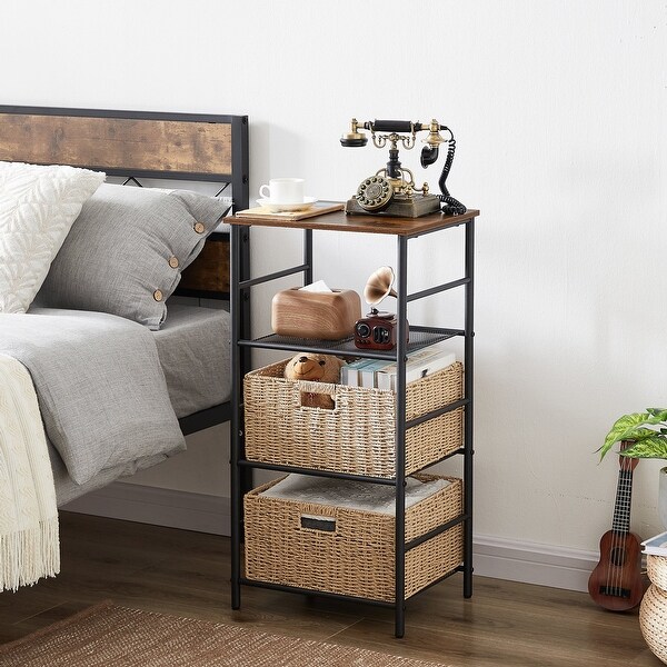 Industrial 4-Tier End Table with Mesh Shelves and 2 Wicker Storage Basket， Brown