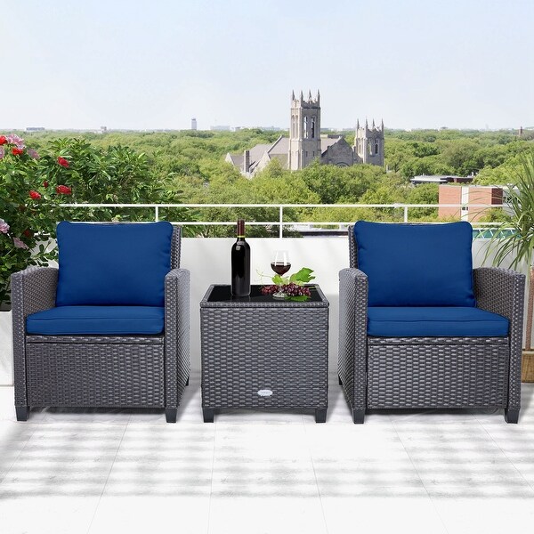 Costway 3PCS Patio Wicker Furniture Set with Beige and Navy Cushion