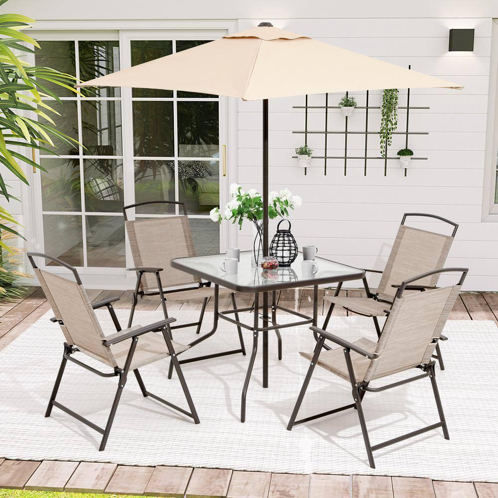 Pellebant 335 in Square Metal Outdoor Dining Table with Umbrella Hole and Tempered Glass Tabletop