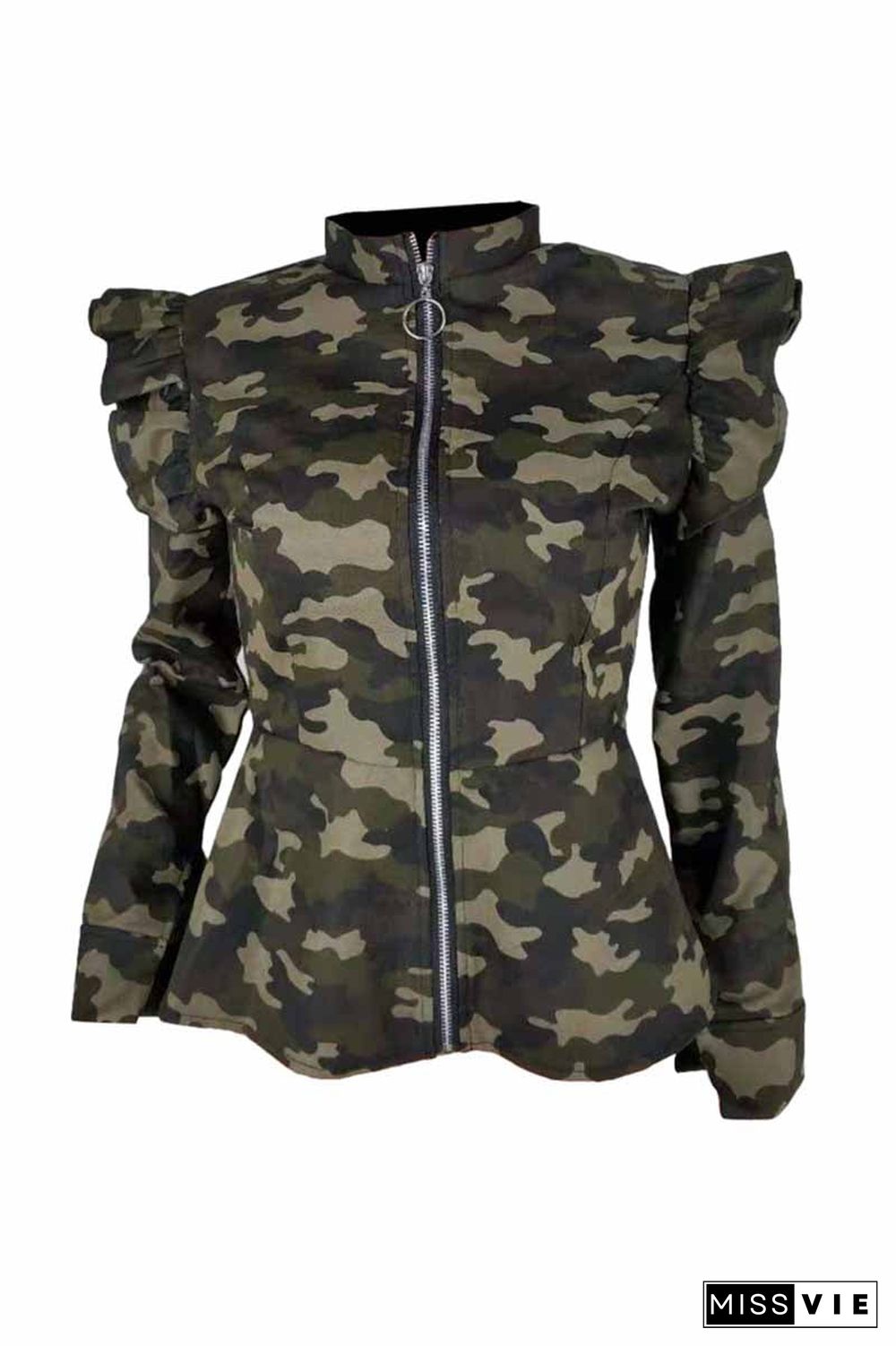 Stand-Up Collar Camouflage Ruffle Jacket