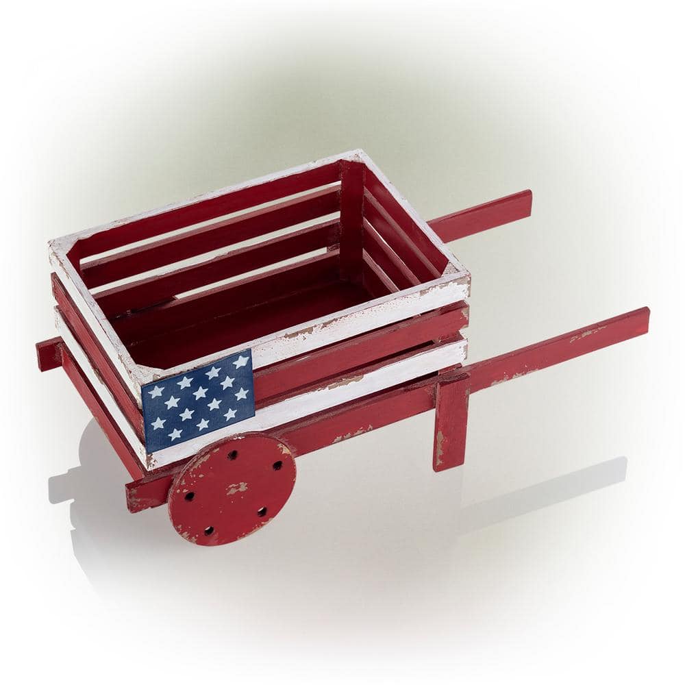 Alpine Corporation 9 in. Tall Indoor/Outdoor Rustic Wooden American Flag Wheelbarrow Planter BKY100HH