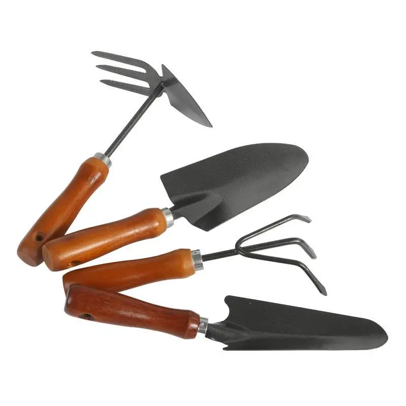 Wholesales Price Thickened 4 PCS Wooden Metal Gardening Hand Shovel Rake Tool Set Heavy Duty For Household Planting Flowers