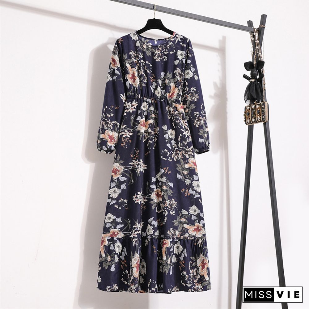 Women's Chiffon Dress Maxi long Dress Long Sleeve Floral Split Print Spring Casual Linen Royal Blue S M L XL XXL 3XL Black Dresses